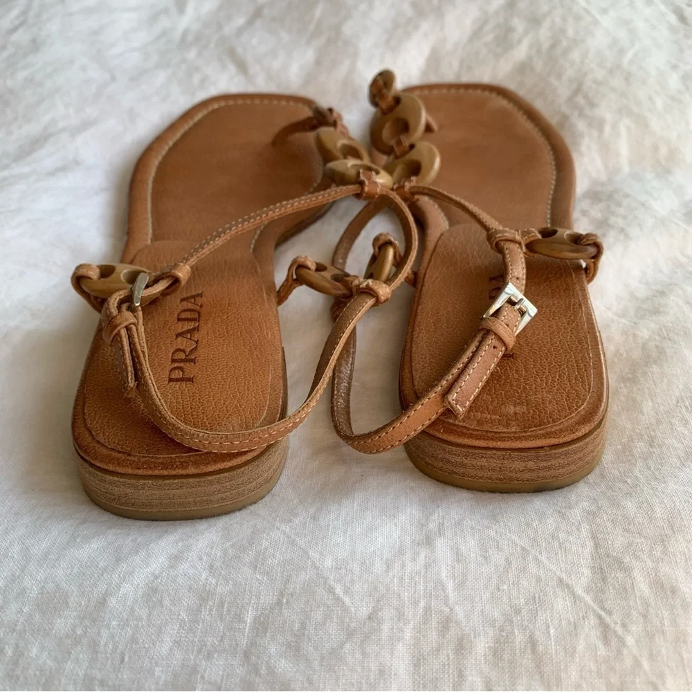 Vintage Prada Wood Leather Thong Square Toe Sandals Tan Brown - Picture 6 of 7